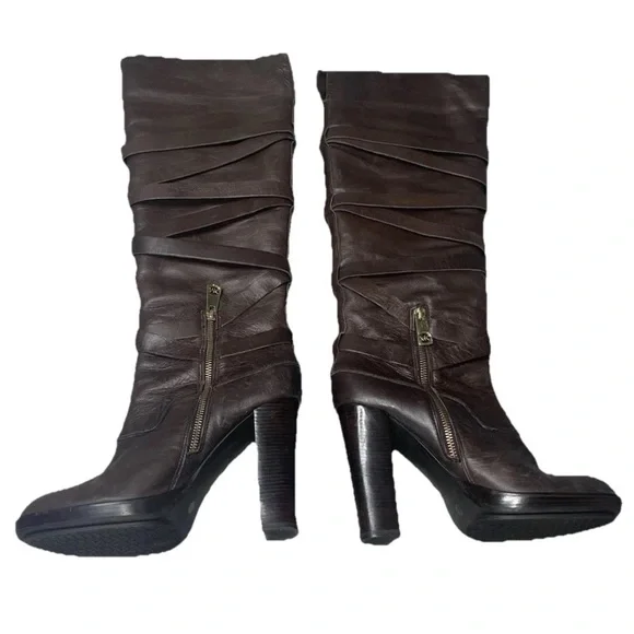MICHAEL KORS Leather Belted Knee Boot 8.5 Classy Timeless Chic Baddie Cowgirl - Picture 2 of 7